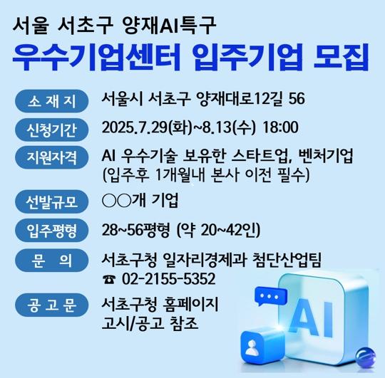 이래도 여기 안올래? AI업계 관심‘후끈’ 서초가 뜨겁다!  양재AI특구 우수기업센터 입주기업 모집에 지원 몰려 기사 이미지